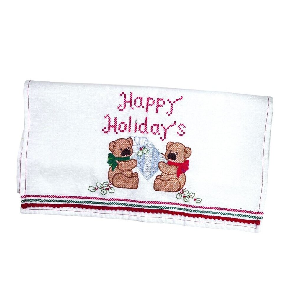 Vtg Cross Stitched Tea Towel Happy Holidays Christmas Bears Embroidered Bows